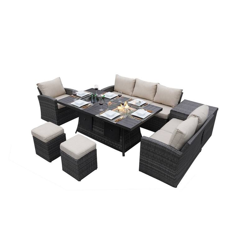 7-Piece Patio Sofa Set with Firepit and Ice Container Dining Table