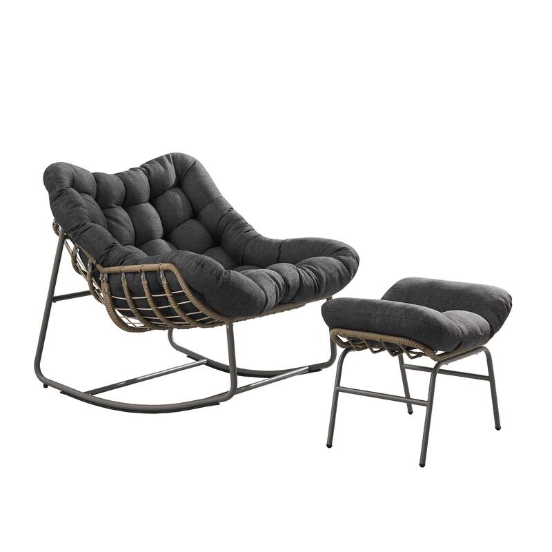 Corvus Hailar Outdoor Wicker Rocking Chair with Ottoman - Black Cushion