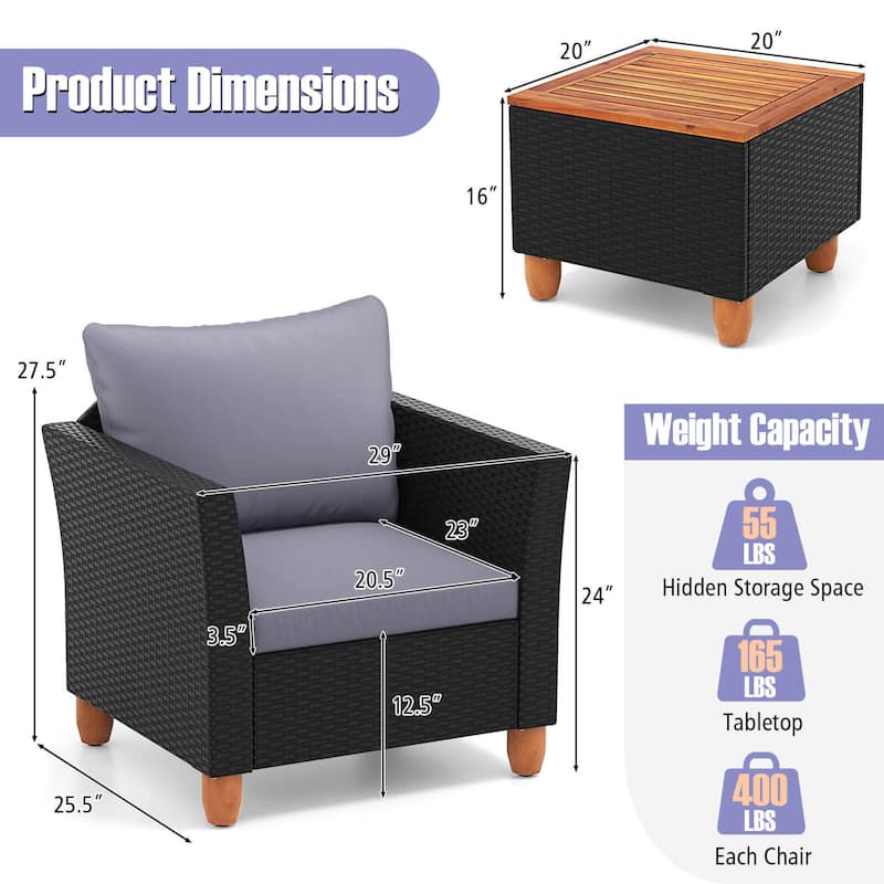 3 PCS Patio Rattan Furniture Set Cushioned Storage Table w/ Wood Top