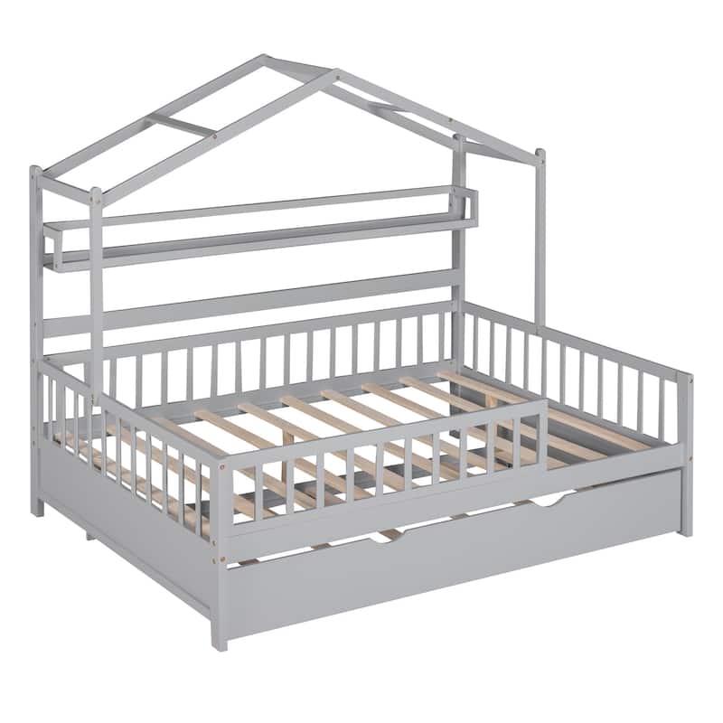 Wooden House Bed with Twin Trundle and Shelf, Full-Length Guardrail