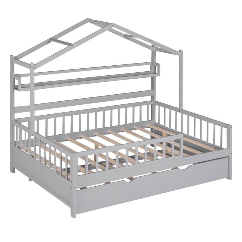 Cute Wooden Twin or Full House Bed with Trundle, Kids Bed Wood Platform Bed Frame with Safety Guardrail & Storage Shelf