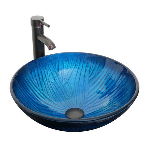 Eclife 16.5" Bathroom Vessel Sink Tempered Glass Round Basin Countertop Bowl Sink with Faucet Pop up Drain