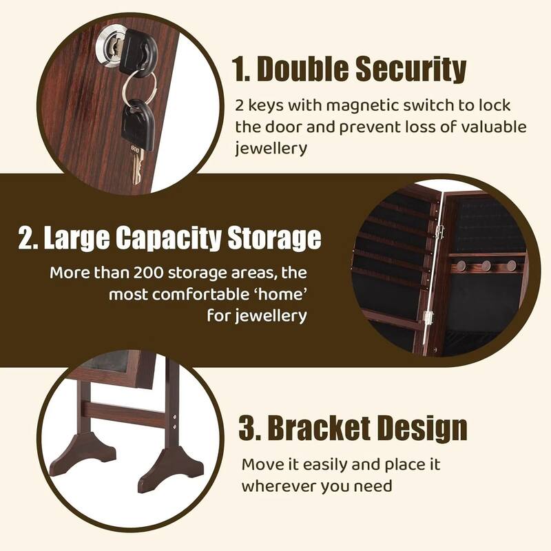 Jewelry Armoire Organizer with Full Length Mirror, Floor Standing Jewelry Cabinet, Lockable Jewelry Storage Box Cabinet