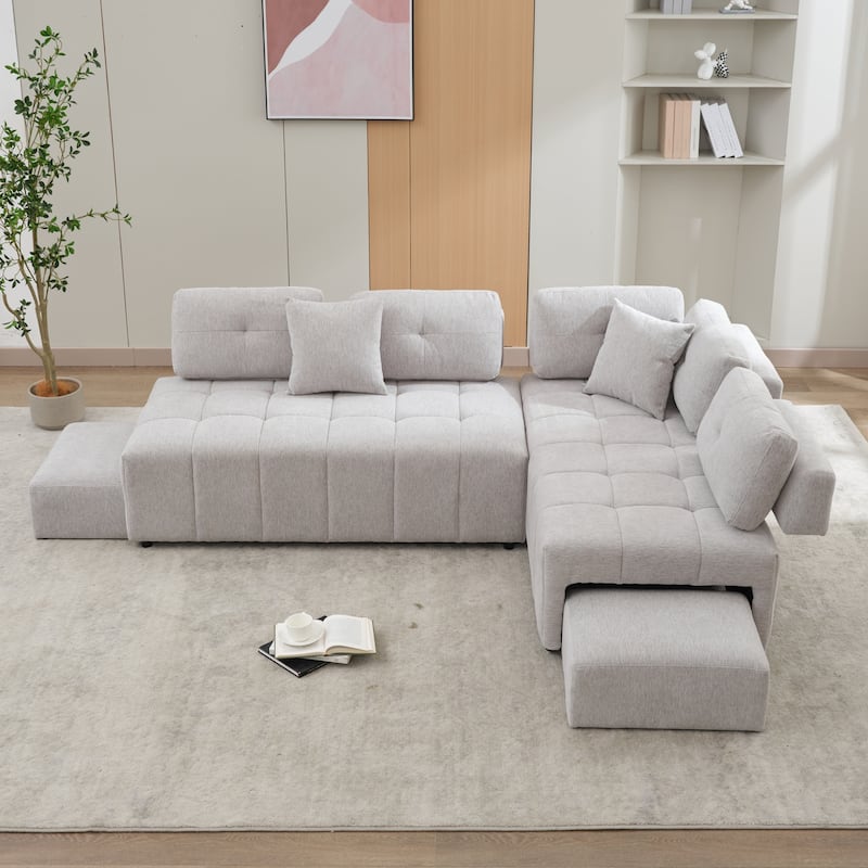Grey 91.73" L-Shaped 4-Seat Sectional Sofa with 2 Hidden Stools, 2 Removable Lumbar Cushions, and Durable Chenille Upholstery