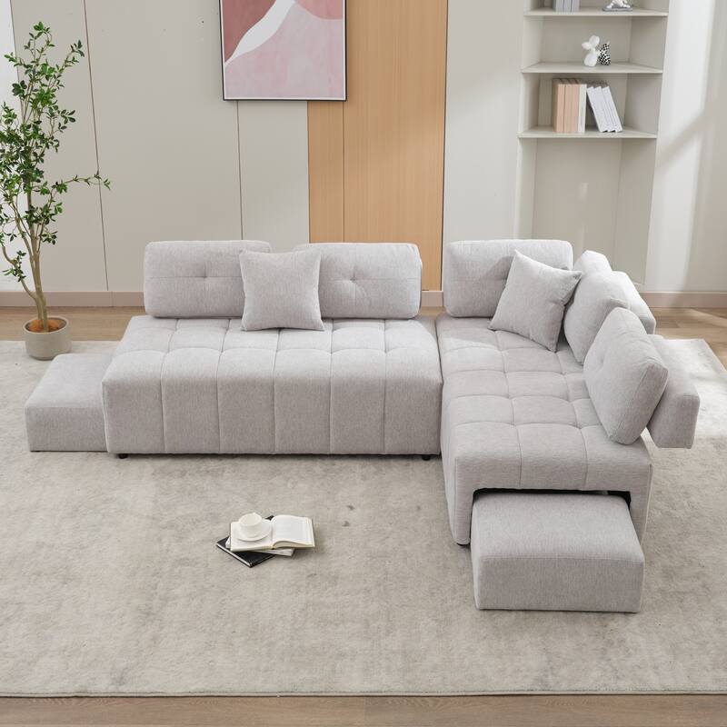 Grey 91.73" L-Shaped 4-Seat Sofa with Hidden Stools