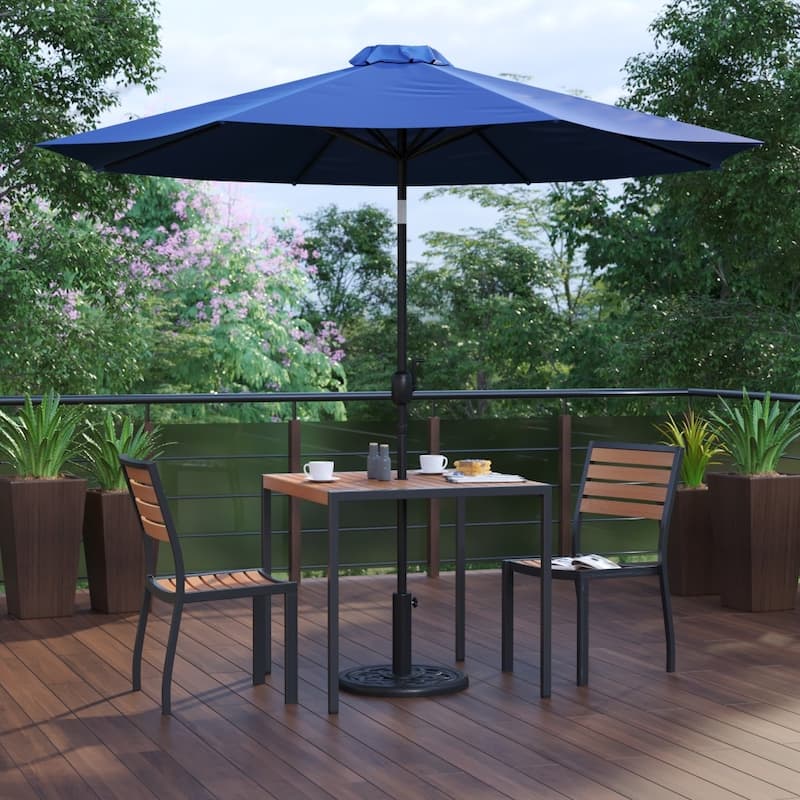 Faux Teak Patio Table, 2 Chairs & 9FT Patio Umbrella with Base - Navy