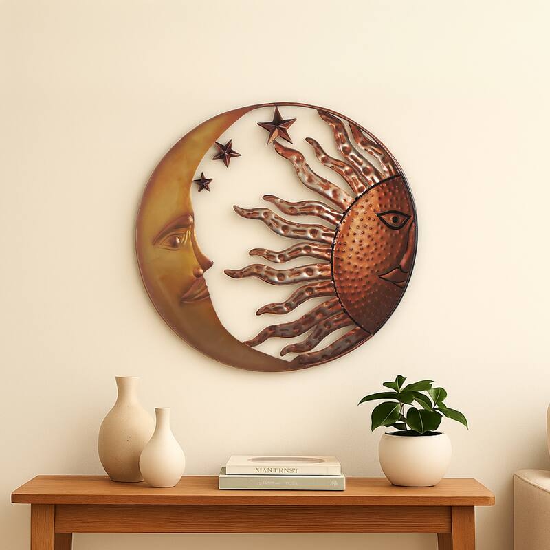 21 Inch Handcrafted Sun and Moon Accent Wall Decor, Round Metal Wall Mount, Rustic Gold, Bronze