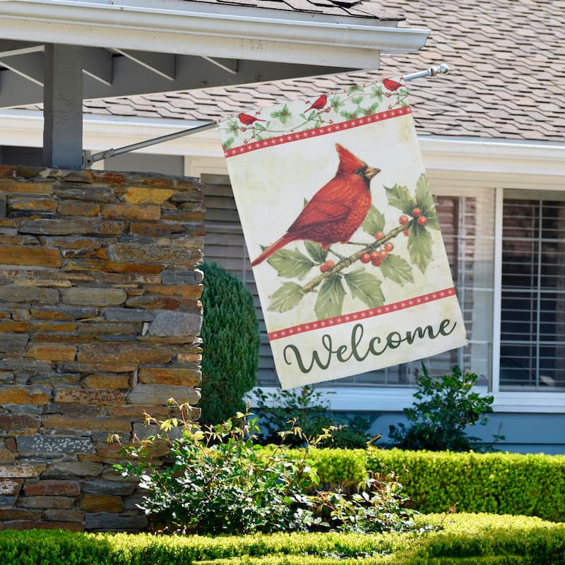 Cardinal Holly Berry Branch "Welcome" Christmas Outdoor Flag 28" x 40"