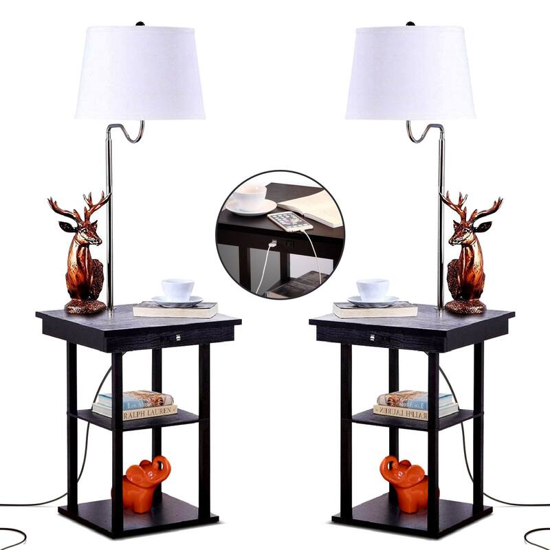 Brightech Madison 56 in. Black with White Fabric Drum Shade Modern LED Bedside Table Lamp with Built-In USB Port (2-Pack)