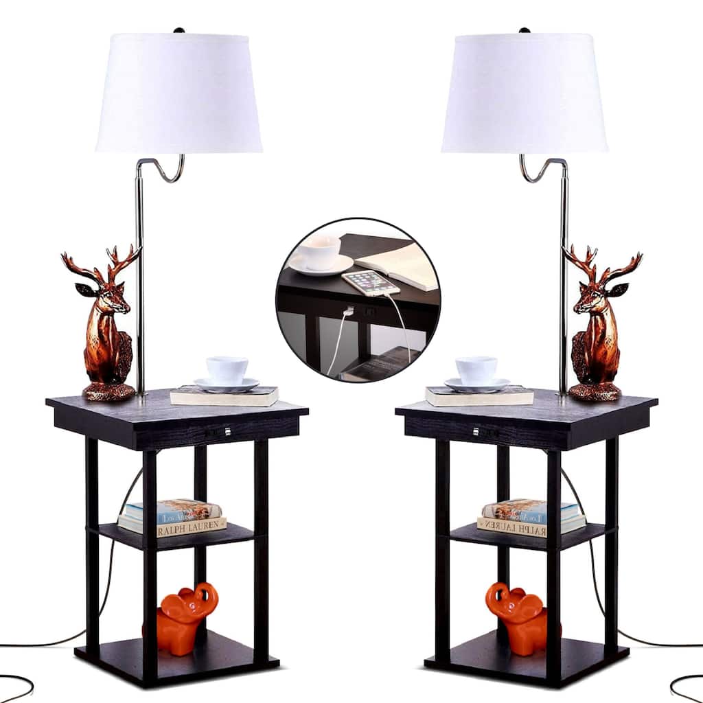 Brightech Madison 56 in. Black with White Fabric Drum Shade Modern LED Bedside Table Lamp with Built-In USB Port (2-Pack)