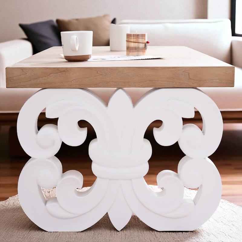 47" Rectangular Farmhouse Coffee Table with Carved Scroll Base and Natural Wood Top, Rustic Accent Center Table