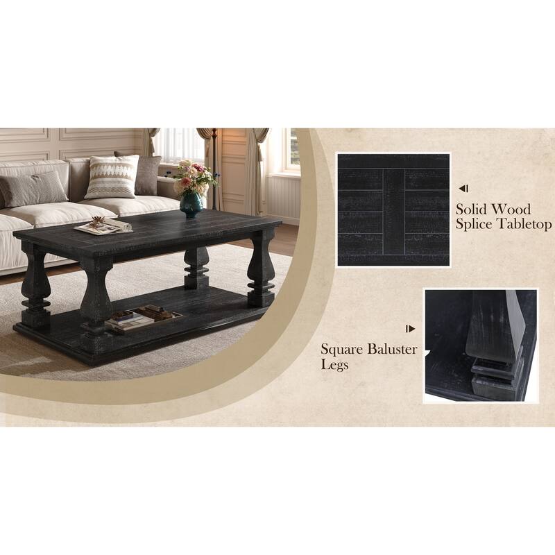 47" Black Farmhouse Coffee Table with Heavy Planked Top and Storage Shelf