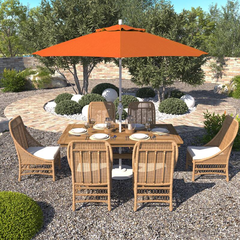 California Umbrella 9' Round Crank Lift Push Button Tilt White Aluminum Patio Umbrella Sunbrella - Tuscan