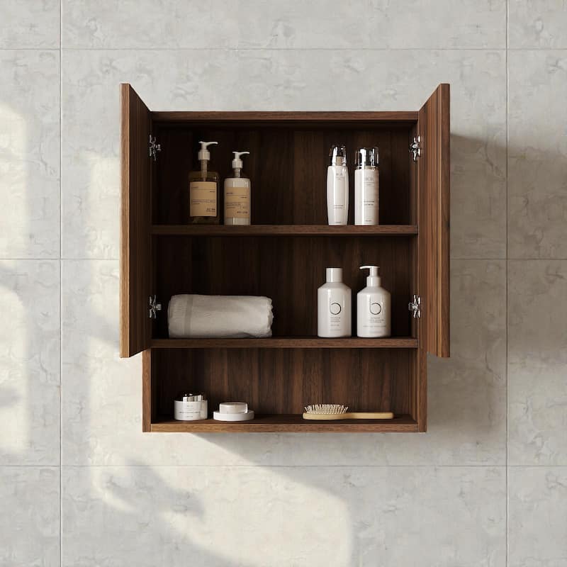 26" Wall-Mounted Striped Bathroom Storage Cabinet with Doors, Shelf & Open Compartment, Over-The-Toilet Organizer