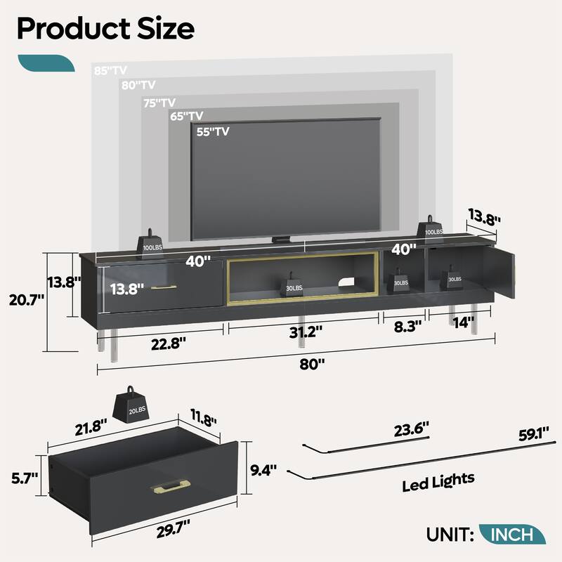 High Gloss LED TV Stands Modern Entertainment Center for 85" TV with Drawer - 80 inches
