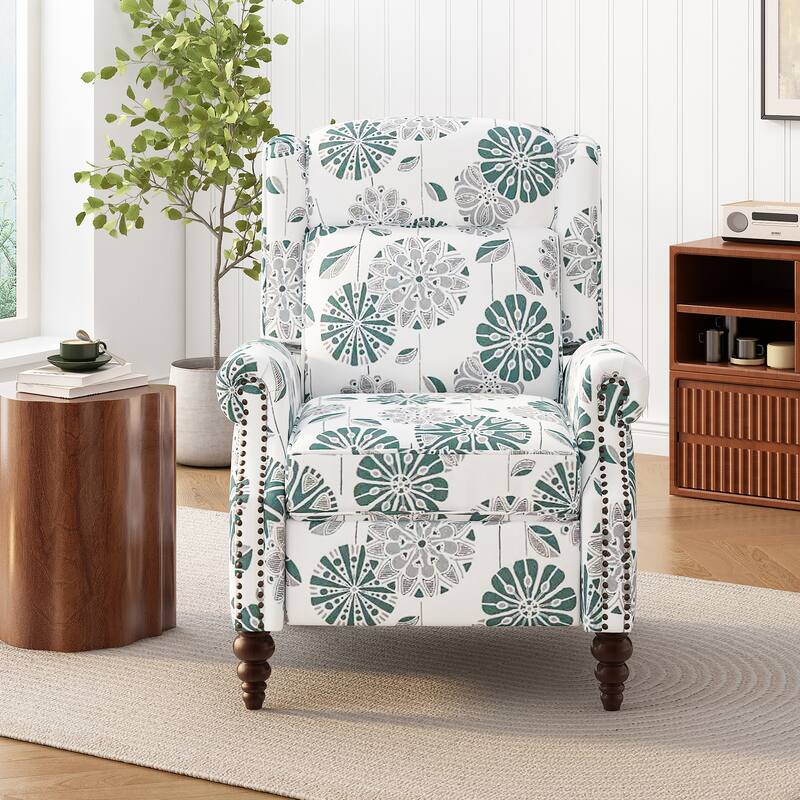 Roomfitters Push Back Recliner Armchair with Wing Back and Nailhead Trim, White and Blue Pattern - White