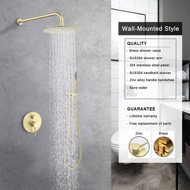 10 Inch Wall Mount Shower Faucet With Rough-in Valve Brushed Gold Rain Shower System With Hand Shower