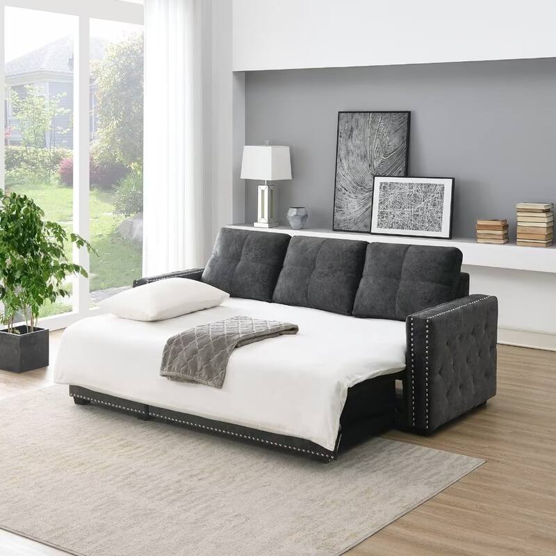 Morden Fort Reversible L-Shaped Sofa Bed with Storage - Velvet Upholstery, Button Tufting, and Nailhead Trim