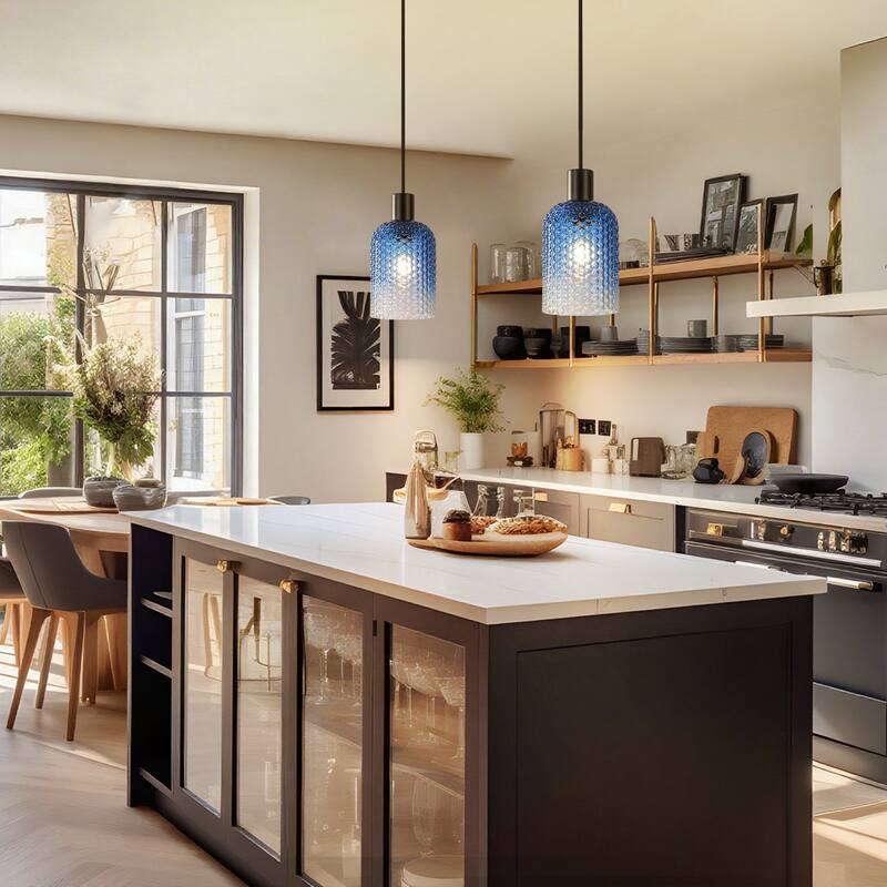 1/3-Light Modern Glam Bell-Shaped Adjustable Island Pendant Light with Clear/Blue/Amber Textured Glass