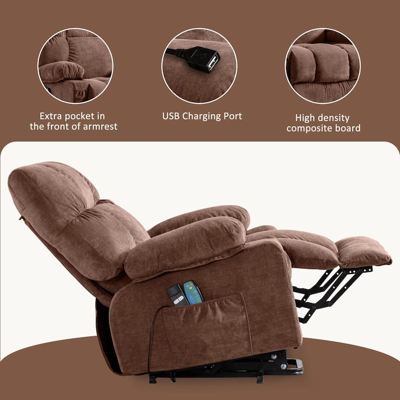 Blue Power Lift Recliner with Heat, Massage, USB Charging, Side Pockets, and Remote Control for Convenience