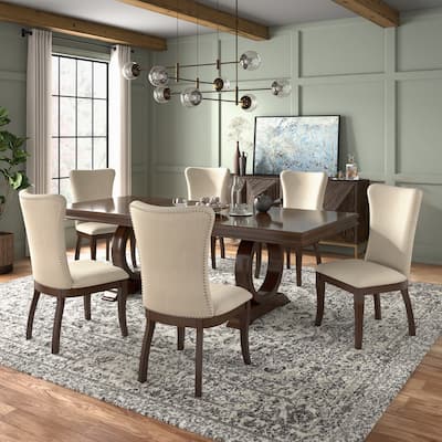 Tallinn Dark Cherry Wood and Beige Fabric Extendable Dining Set