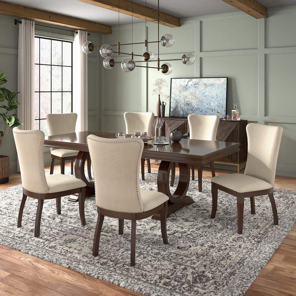 Tallinn Dark Cherry Wood and Beige Fabric Extendable Dining Set