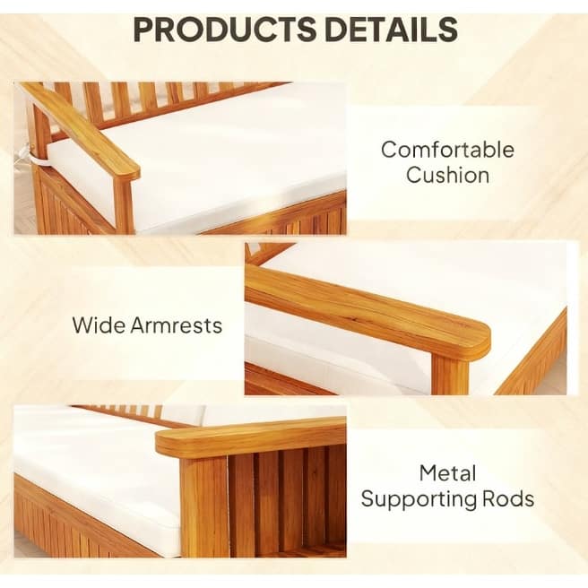 GDFStudio Outdoor Kael Acacia Wood Outdoor Storage Bench with Cushion and Hidden Compartment