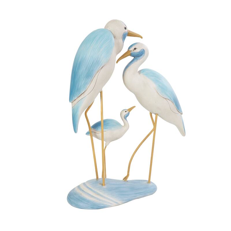 Polystone Bird Family Sculpture with Yellow Accents - Light Blue - Roche River Decor - 5"W x 11"L x 15"H