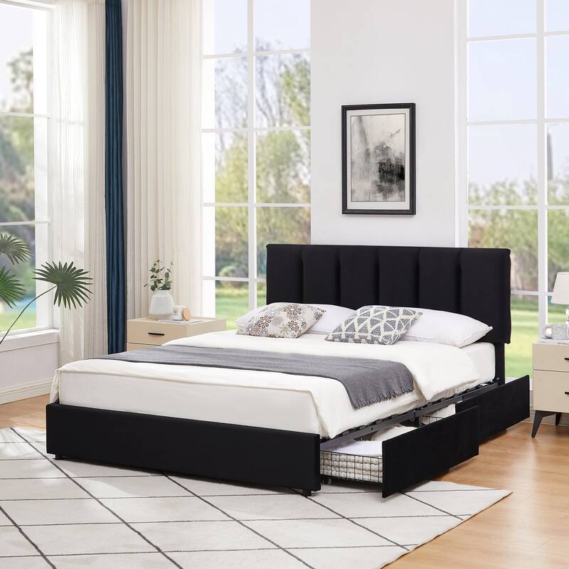 VECELO Bed Frame with 4 Storage Drawers, Upholstered Platform Bed Frame with Adjustable Headboard - Black - Full