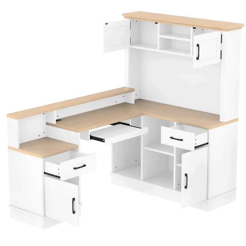 L-Shaped Corner Desk with Outlet, Drawers & Bookshelf, Study Table, Writing Desk Gaming Computer Desk with Storage