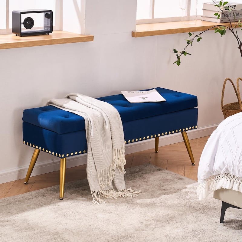 Velvet Storage Ottoman Bench with gold legs and Nailhead Trim for Bedroom/End of Bed/Entryway/Window