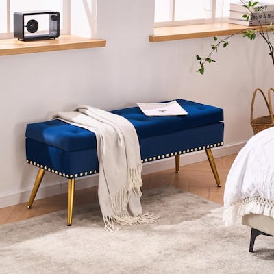 Velvet Storage Ottoman Bench with gold legs and Nailhead Trim for Bedroom/End of Bed/Entryway/Window