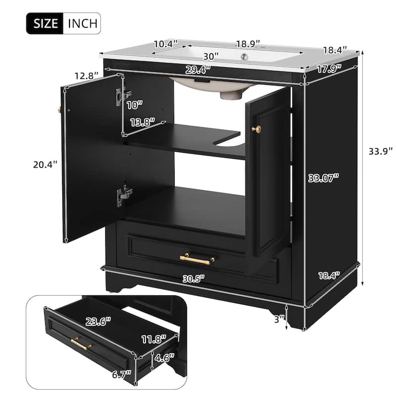 30" Luxurious Bathroom Vanity, Ceramic Sink with 2 Soft-Close Doors