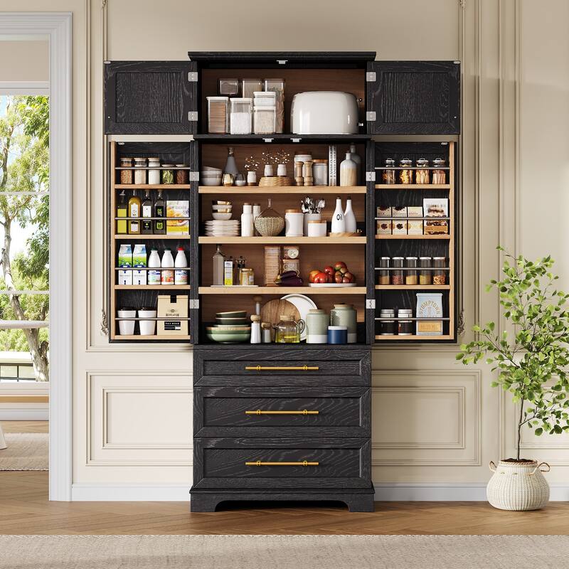 78.2" Tall Farmhouse Pantry Cabinet - 8 Door Shelves, 3 Drawers & Adjustable Shelves, Kitchen Storage Cupboard