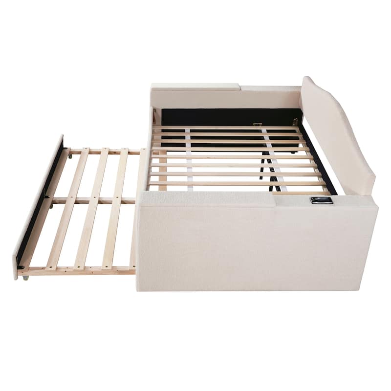 Beige Full Size Daybed with Storage Armrests and Bluetooth Audio