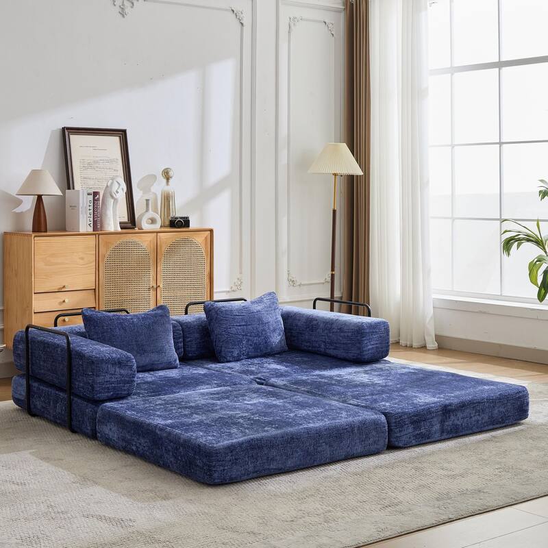 Convertible Floor Sofa Bed - Fixed Frame Chenille Loveseat, Modular Sectional, No Assembly Required