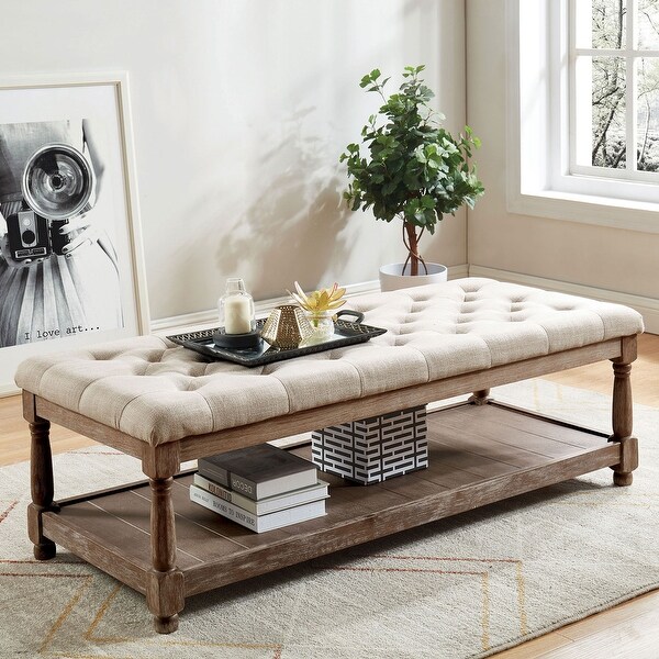 Button Tufted Fabric Upholstered Bench with Bottom Shelf Beige and Brown 18.5 H x 15.75 W x 48L Inches Bed Bath Beyond 34639614