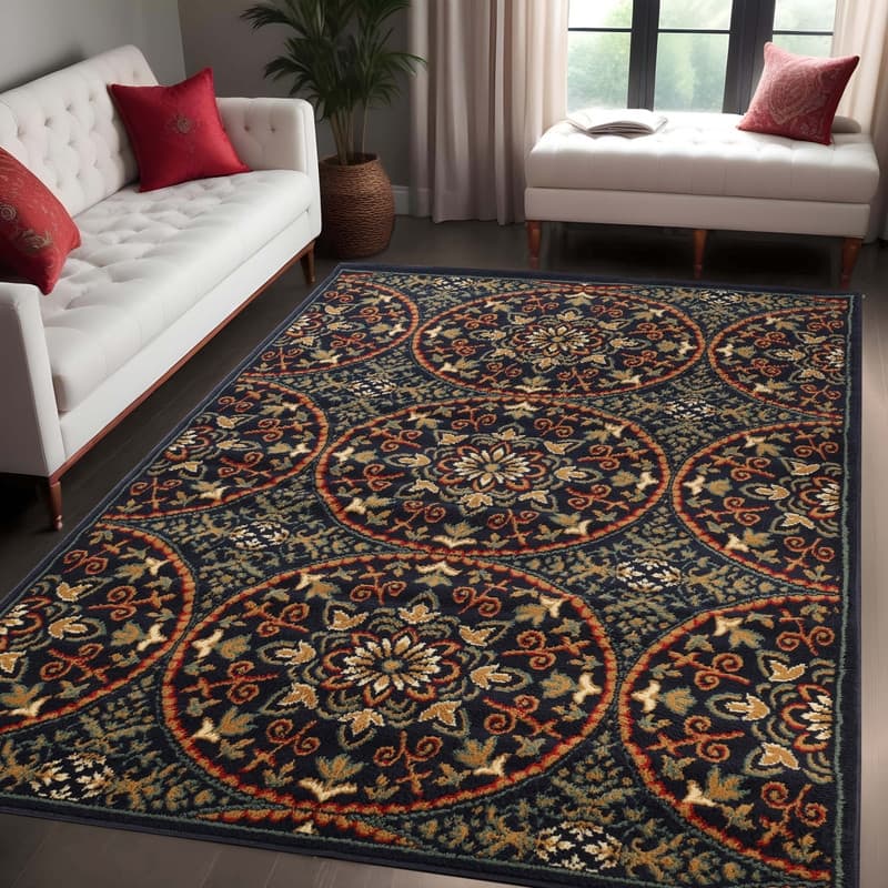 Superior Abstract Geometric Medallion Power-Loomed Indoor Area Rug - 4' x 6' - Midnight Blue