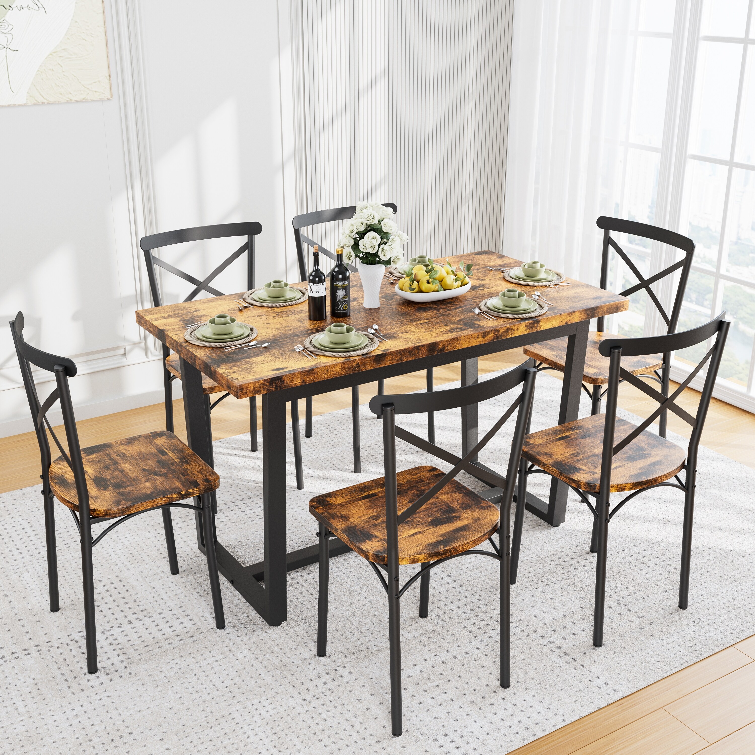 Modern 7-piece Dining Table Set, Wooden Kitchen-table and X-shaped Backrest Chairs with Metal Legs Kitchen Table Furniture for 6