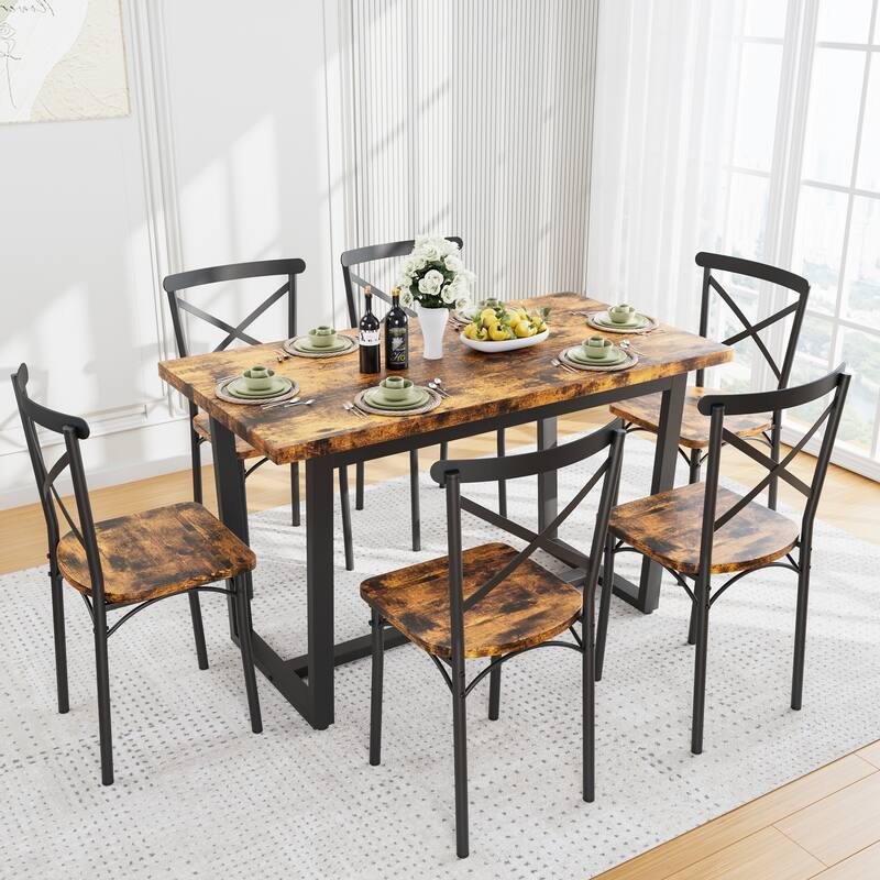 Trestle Dining Table and Chairs Set, Side Chairs with Cross Backrests, Industrial Writing Desk Computer Desk