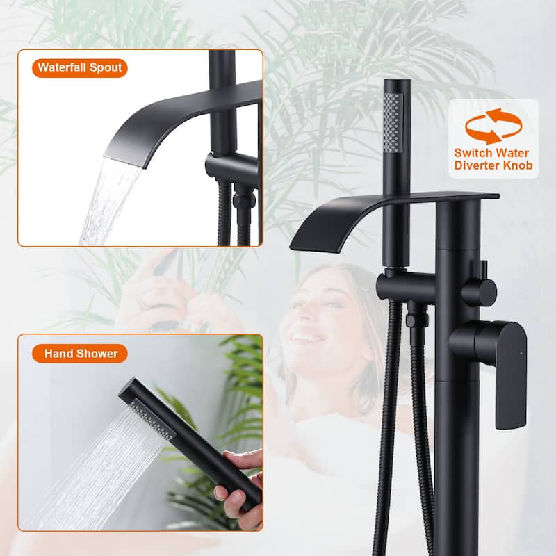 WOWOW Single-Handle Freestanding Waterfall Tub Faucet with Handshower