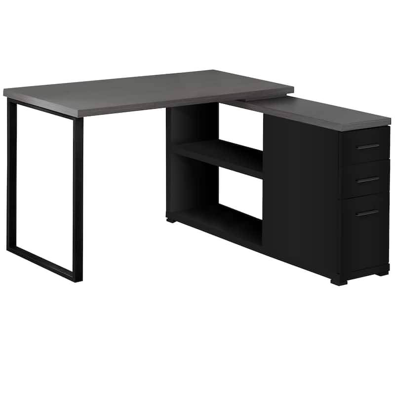 Grey Wood L-Shaped Computer Desk with Drawers and Metal Pedestal Base - Grey-Black