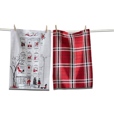 Santa Cityscape Dishtowel Set of 2 - Christmas Kitchen Towels, Multicolor Cotton, Machine Wash, 26" x 18"