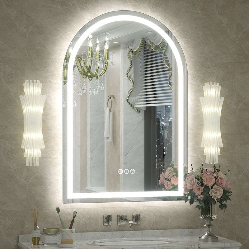 UL Certified Arched LED Anti-fog Tempered Glass Wall Bathroom Vanity Mirror - 38"x26" - Front and back light