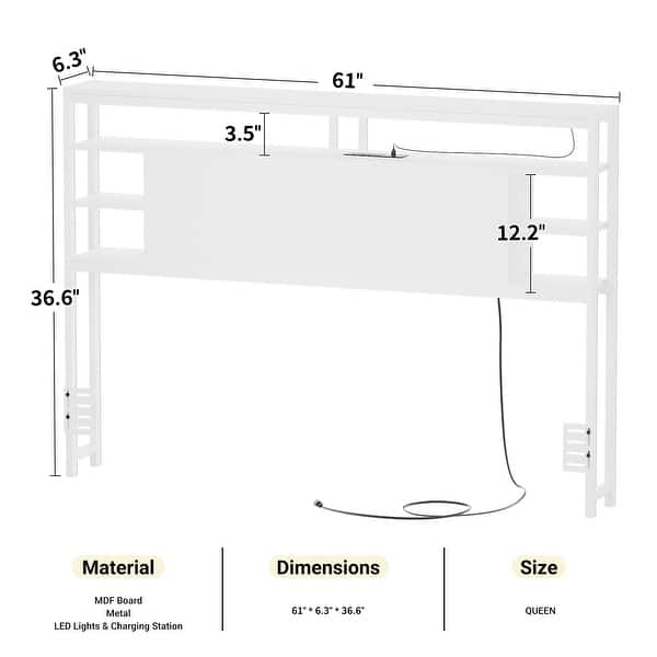 dimension image slide 4 of 11, Headboards with Storage Shelves, Head Board with Power Outlet and LED Light for Bed Frame