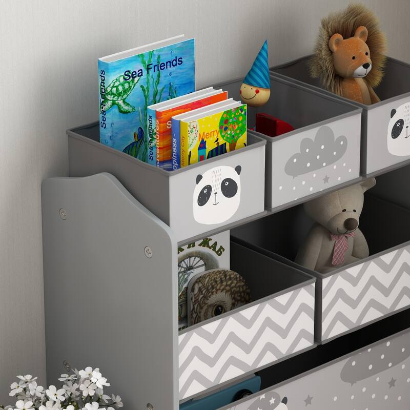 6-Bin Grey MDF Toy Storage Organizer Shelf with Teddy Design for Kids Books and Clothes - 24.75" L x 11.75" W x 26" H