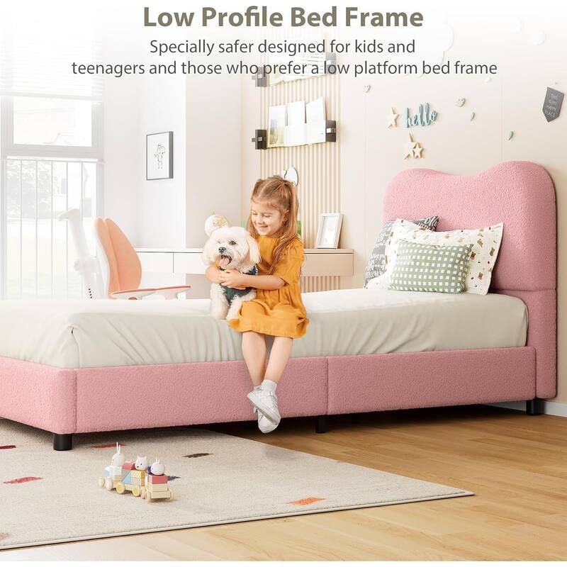 Kids Upholstered Platform Bed, Soft Boucle Fabric with Low Profile Frame & Wood Slats, Boys/Girls Bedroom