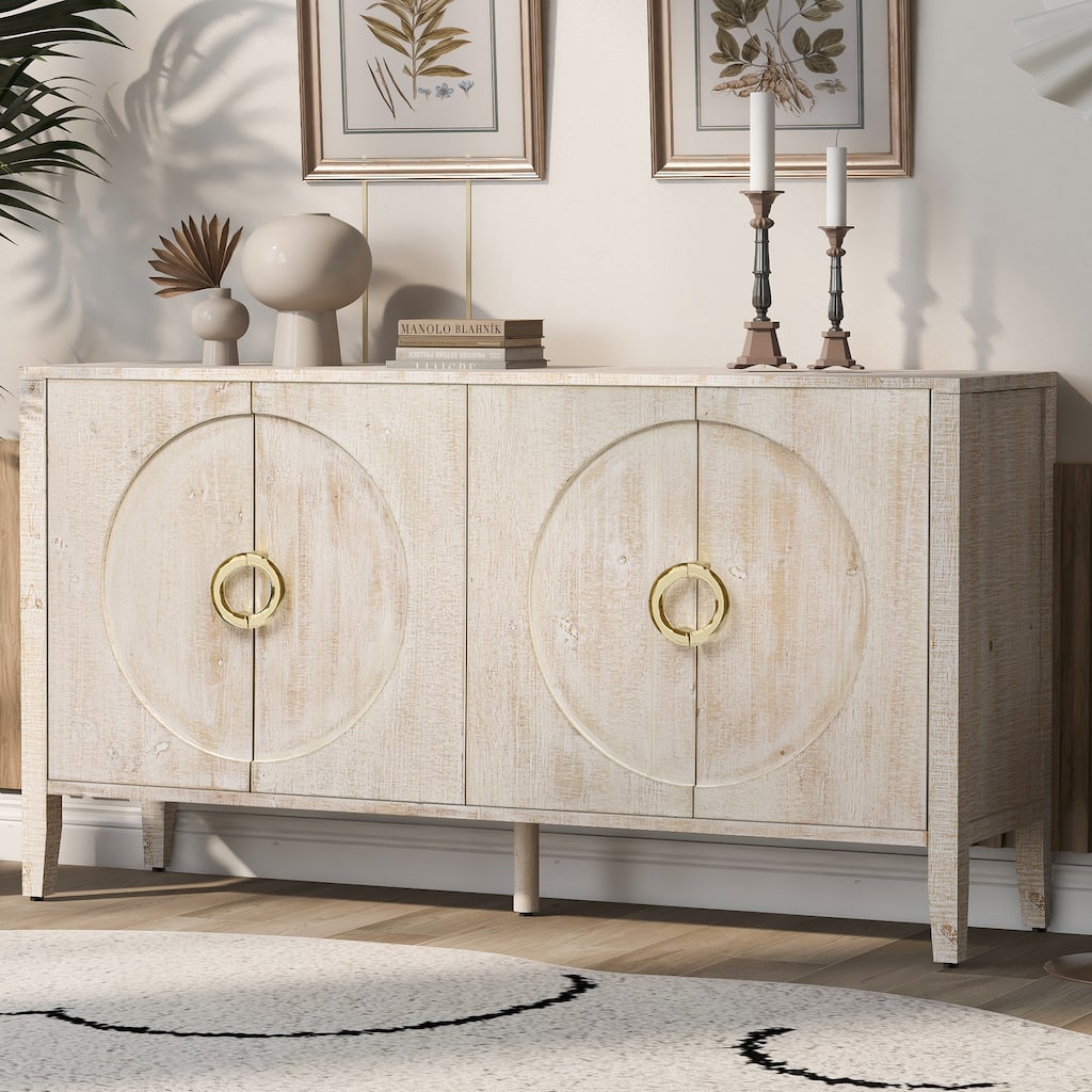 4 Door Cupboard Sideboard with Rounded Door Accent, Storage Cabinet with Metal Support legs and Rounded Metal Door Handle