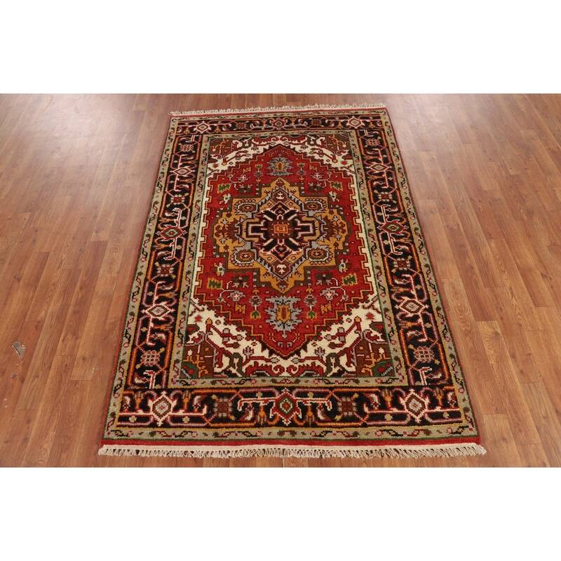 Orange Geometric Heriz Serapi Indian Rug Hand-Knotted Wool Carpet - 4'1" x 5'11"