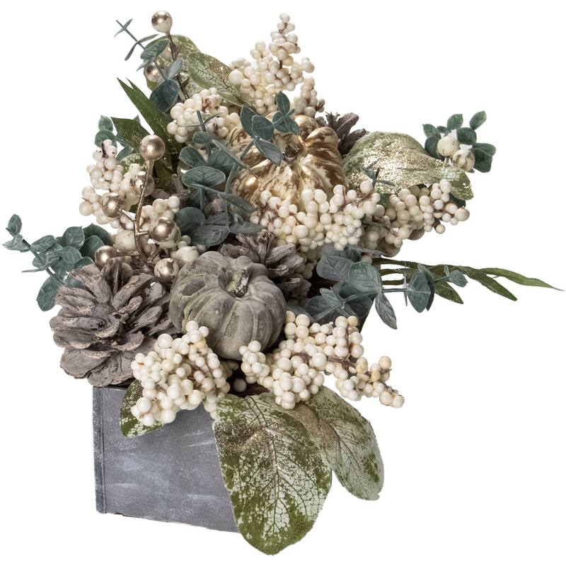 10.25" Neutral Colored Pumpkin Leaves Fall Harvest Floral Arrangement